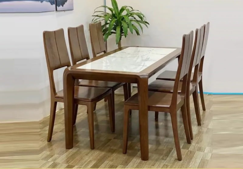 Bàn mặt đá chân gỗ bộ bàn ăn 6 ghế hiện đại 02 (1)