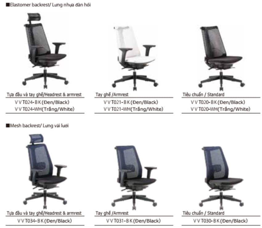 Các mẫu khác nhau của ghế VISTA