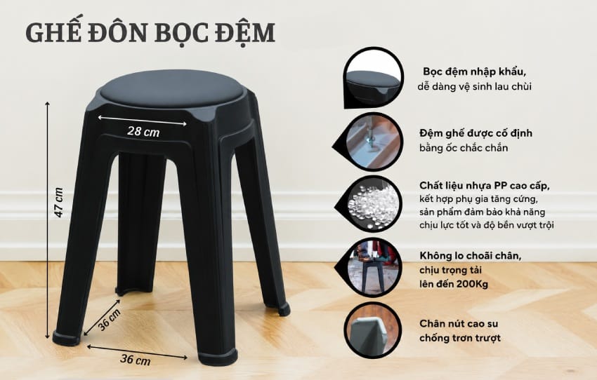 Thông số kỹ thuật Ghế đôn nhựa bọc nệm MD-TM20