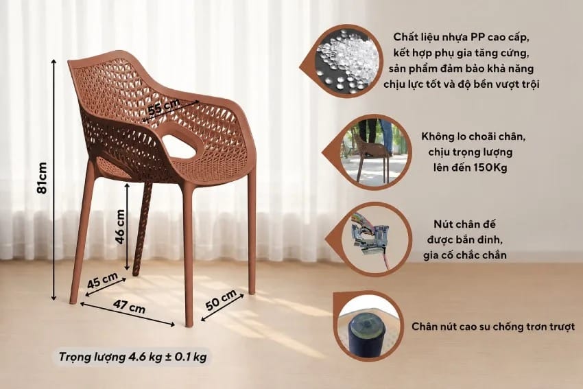 Thông số kỹ nhật của ghế nhựa đúc MD-TM06 sẵn hàng tại Hà Nội