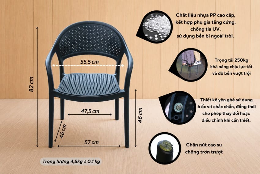 Thông số kỹ thuật Ghế nhựa đúc lỗ MD-TM18
