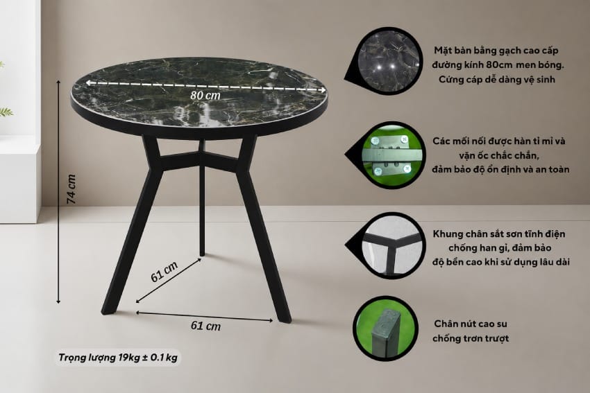 Thông số kỹ thuật chi tiết của Bàn tròn mặt gạch MD-MG01