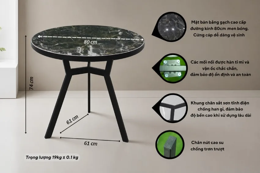 Thông số kỹ thuật chi tiết của Bàn tròn mặt gạch MD-MG01