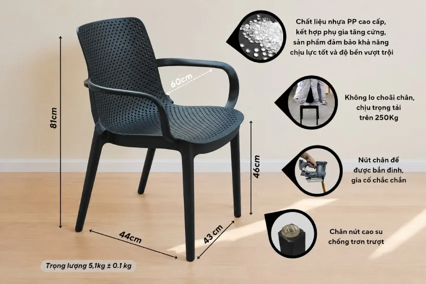 Thông số kỹ thuật chi tiết của ghế Ghế nhựa có tay vịn MD-TM22